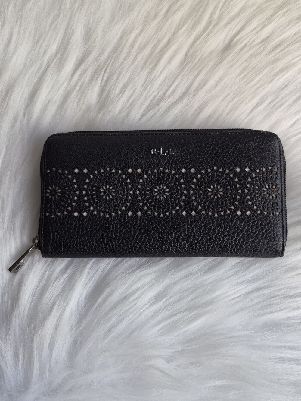 Ralph Lauren Black Zip Around Wallet – Woven Floral Detail